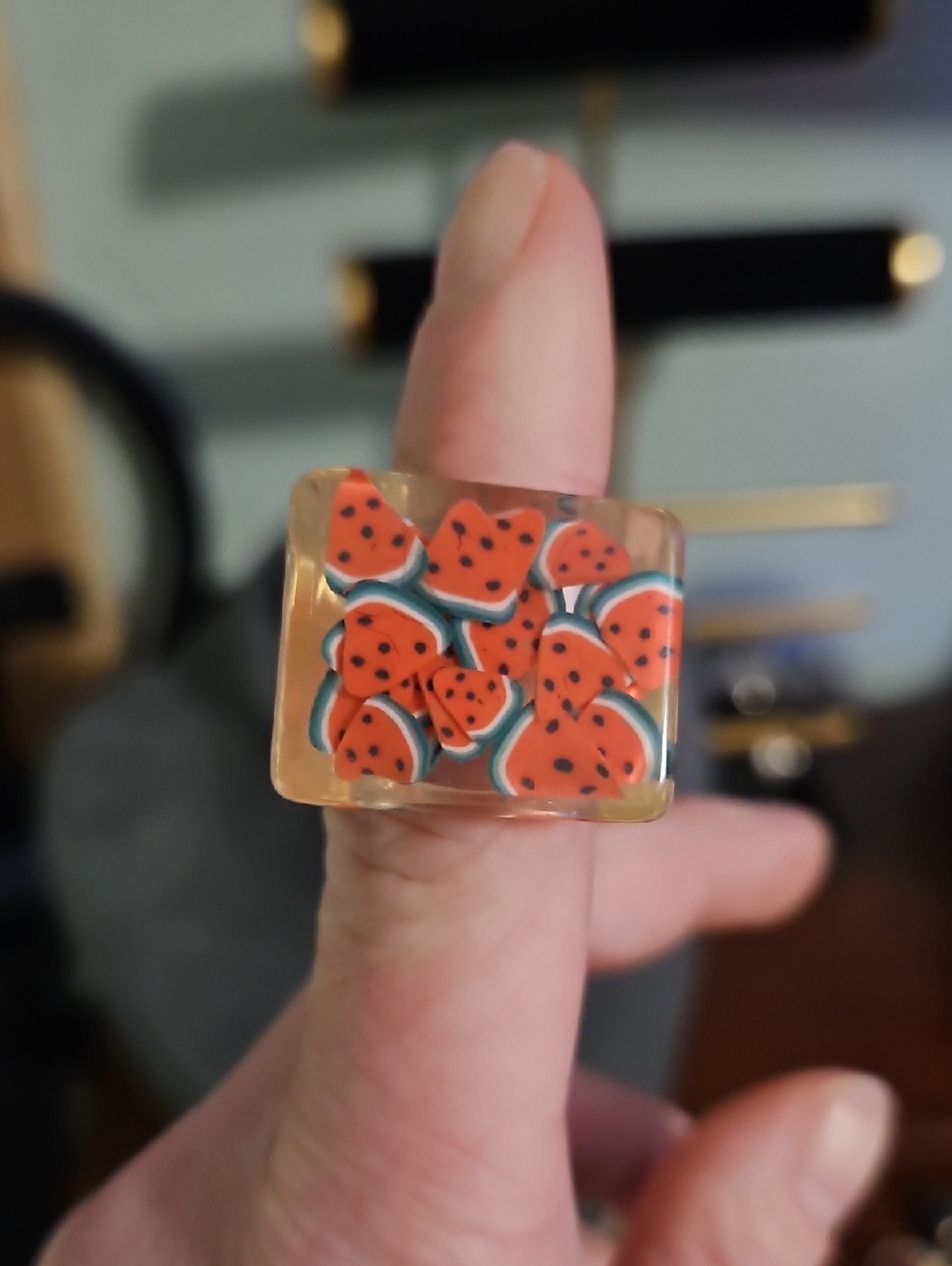 Resin Watermelon Slice Statement Ring - Orange & Green